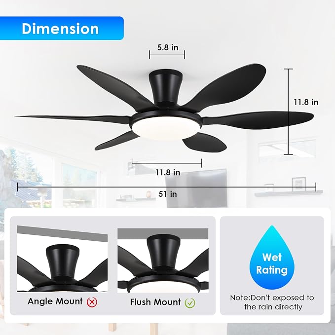 Ceiling Fans with Lights, 51 inch Modern Black Low Profile Ceiling Fan with Light and Remote App Control, Flush Mount, Quiet
