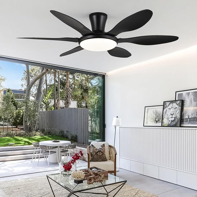Ceiling Fans with Lights, 51 inch Modern Black Low Profile Ceiling Fan with Light and Remote App Control, Flush Mount, Quiet