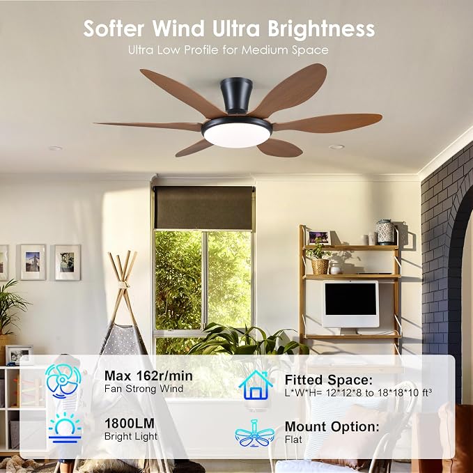 Ceiling Fans with Lights, 51 inch Modern Low Profile Ceiling Fan with Light and Remote App Control, Flush Mount, Quiet DC