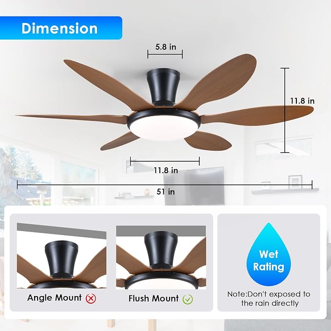 Ceiling Fans with Lights, 51 inch Modern Low Profile Ceiling Fan with Light and Remote App Control, Flush Mount, Quiet DC