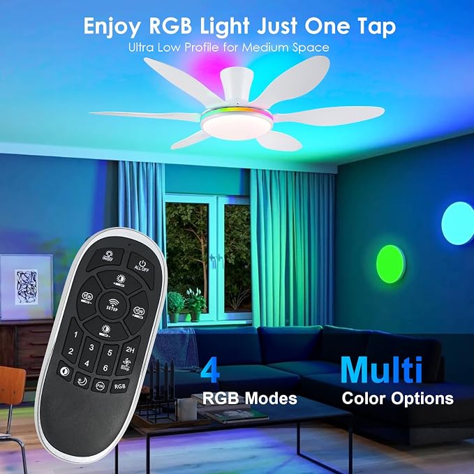 Ceiling Fans with Lights, 51 inch Modern White Low Profile Ceiling Fan with Light and Remote App Control, Flush Mount, Quiet