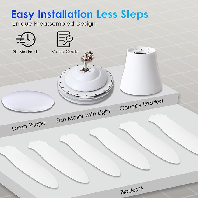 Ceiling Fans with Lights, 51 inch Modern White Low Profile Ceiling Fan with Light and Remote App Control, Flush Mount, Quiet
