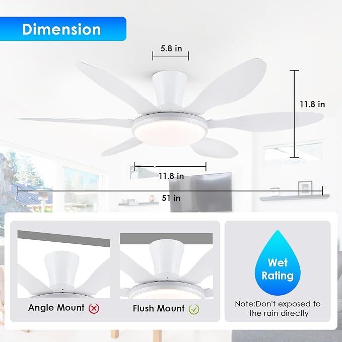 Ceiling Fans with Lights, 51 inch Modern White Low Profile Ceiling Fan with Light and Remote App Control, Flush Mount, Quiet