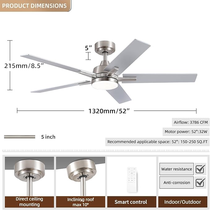 Ceiling Fans with Lights, 52 inch Brushed Nickel Ceiling Fans with Lights and Remote Control, Reversible, 3CCT, Dimmable