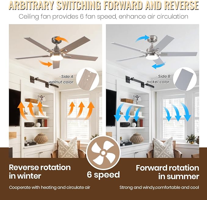 Ceiling Fans with Lights, 52 inch Brushed Nickel Ceiling Fans with Lights and Remote Control, Reversible, 3CCT, Dimmable