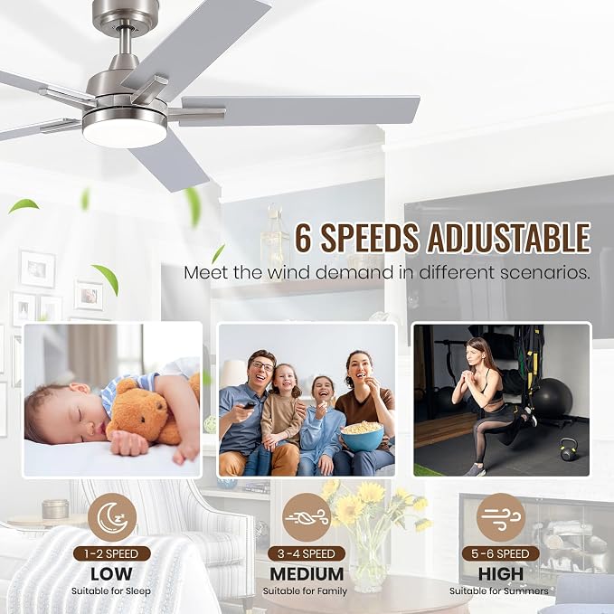 Ceiling Fans with Lights, 52 inch Brushed Nickel Ceiling Fans with Lights and Remote Control, Reversible, 3CCT, Dimmable