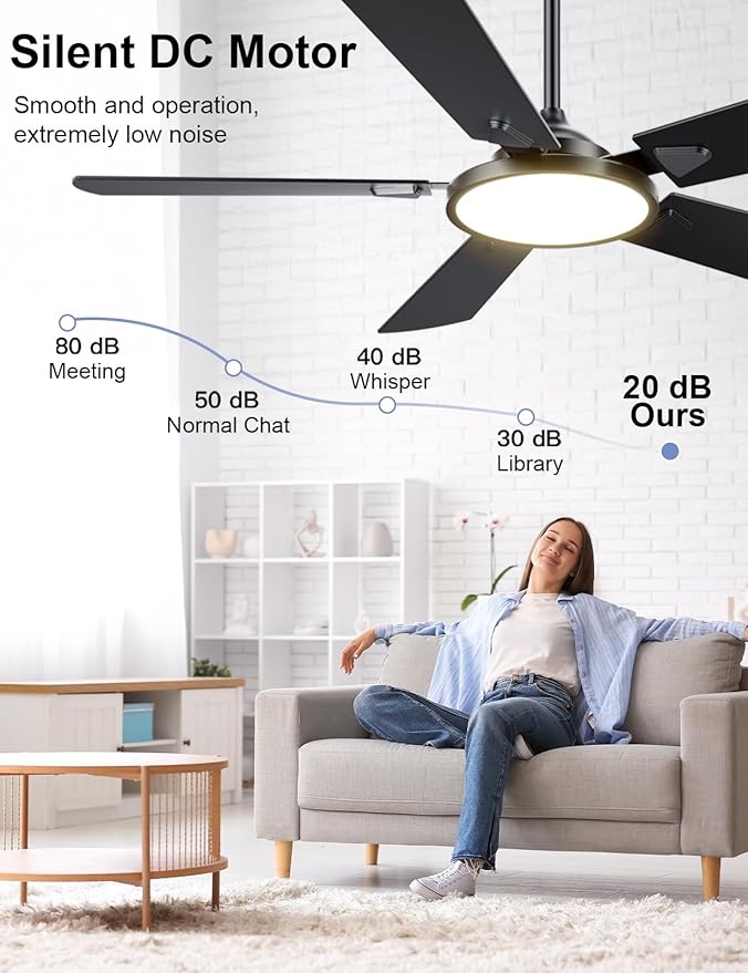 Ceiling Fans with Lights, 52 inch Ceiling fan with Light and Remote/APP Control, 3CCT, Quiet DC Reversible, Dimmable, Modern