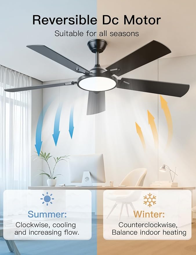 Ceiling Fans with Lights, 52 inch Ceiling fan with Light and Remote/APP Control, 3CCT, Quiet DC Reversible, Dimmable, Modern
