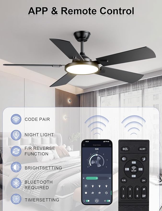 Ceiling Fans with Lights, 52 inch Ceiling fan with Light and Remote/APP Control, 3CCT, Quiet DC Reversible, Dimmable, Modern