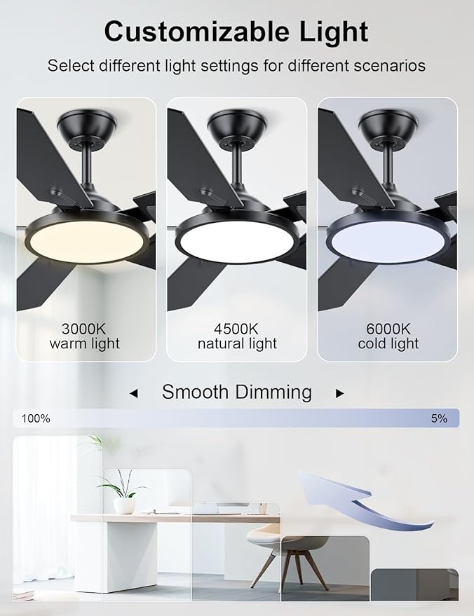 Ceiling Fans with Lights, 52 inch Ceiling fan with Light and Remote/APP Control, 3CCT, Quiet DC Reversible, Dimmable, Modern