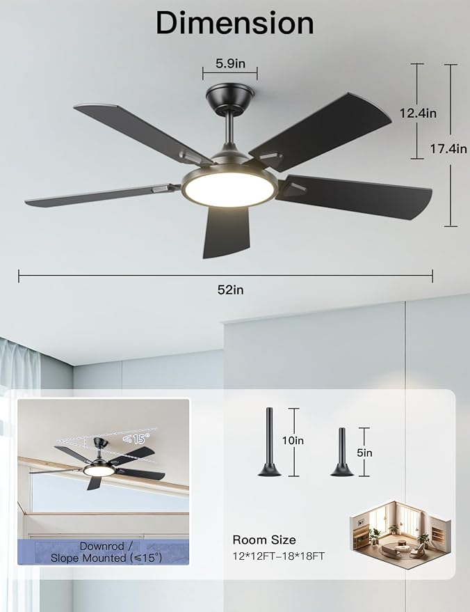 Ceiling Fans with Lights, 52 inch Ceiling fan with Light and Remote/APP Control, 3CCT, Quiet DC Reversible, Dimmable, Modern
