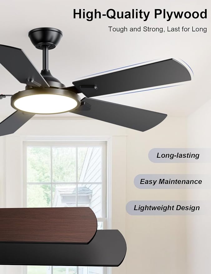Ceiling Fans with Lights, 52 inch Ceiling fan with Light and Remote/APP Control, 3CCT, Quiet DC Reversible, Dimmable, Modern