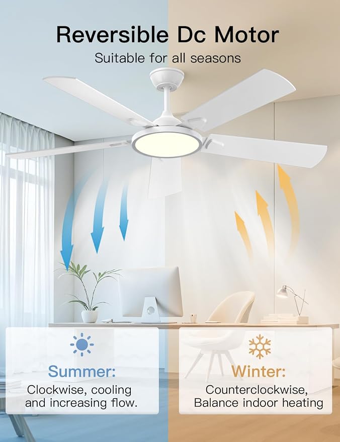 Ceiling Fans with Lights, 52 inch Ceiling fan with Light and Remote/APP Control, 3CCT, Quiet DC Reversible, Dimmable, Modern