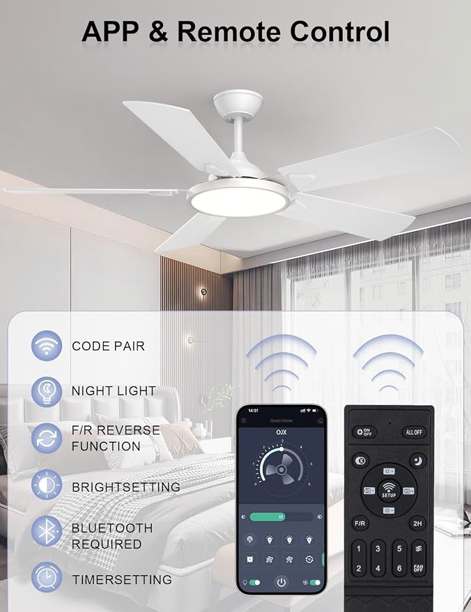 Ceiling Fans with Lights, 52 inch Ceiling fan with Light and Remote/APP Control, 3CCT, Quiet DC Reversible, Dimmable, Modern