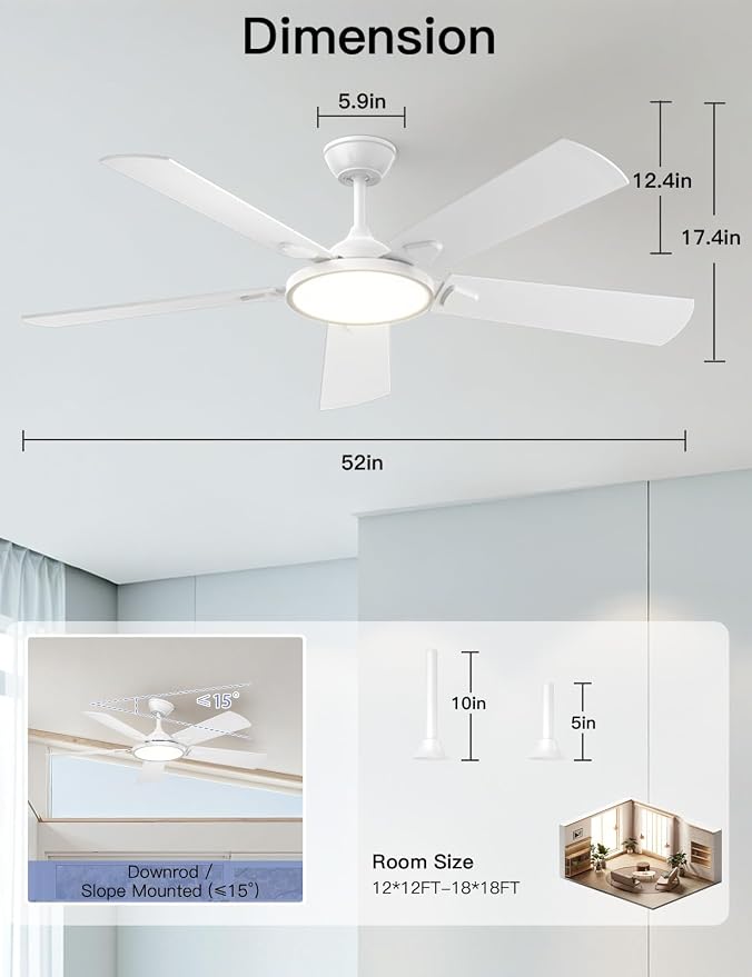 Ceiling Fans with Lights, 52 inch Ceiling fan with Light and Remote/APP Control, 3CCT, Quiet DC Reversible, Dimmable, Modern