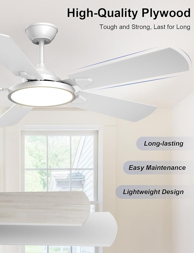 Ceiling Fans with Lights, 52 inch Ceiling fan with Light and Remote/APP Control, 3CCT, Quiet DC Reversible, Dimmable, Modern