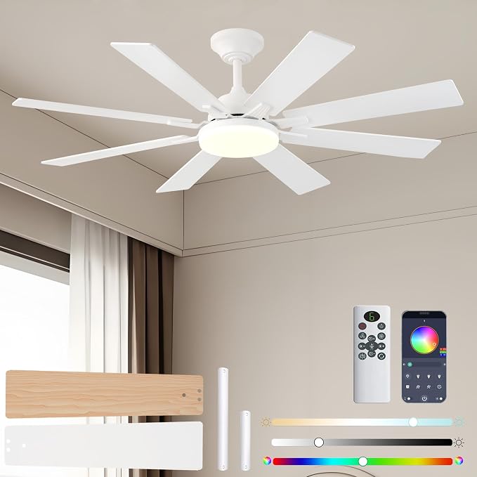 Ceiling Fans with Lights, 52 Inch Ceiling Fan with Light and Remote Control, Reversible DC Motor, 3CCT, Dimmable, Timer