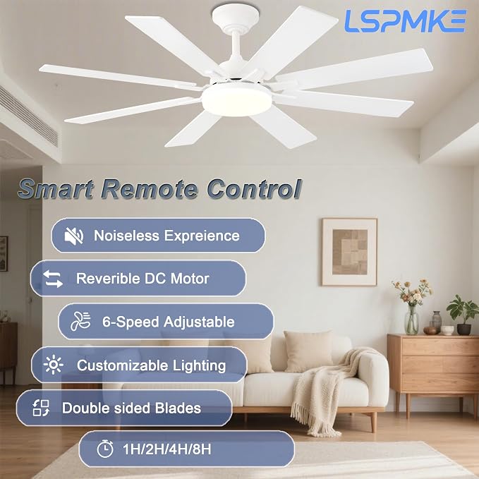Ceiling Fans with Lights, 52 Inch Ceiling Fan with Light and Remote Control, Reversible DC Motor, 3CCT, Dimmable, Timer