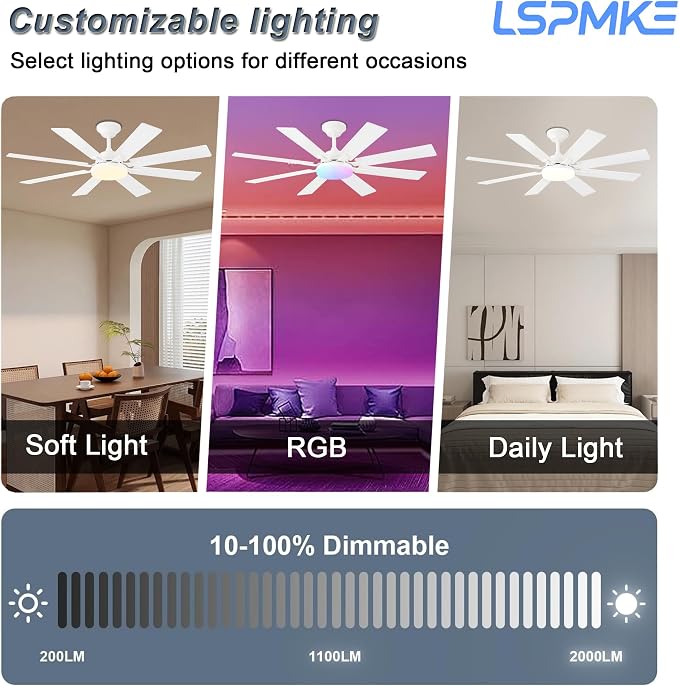 Ceiling Fans with Lights, 52 Inch Ceiling Fan with Light and Remote Control, Reversible DC Motor, 3CCT, Dimmable, Timer