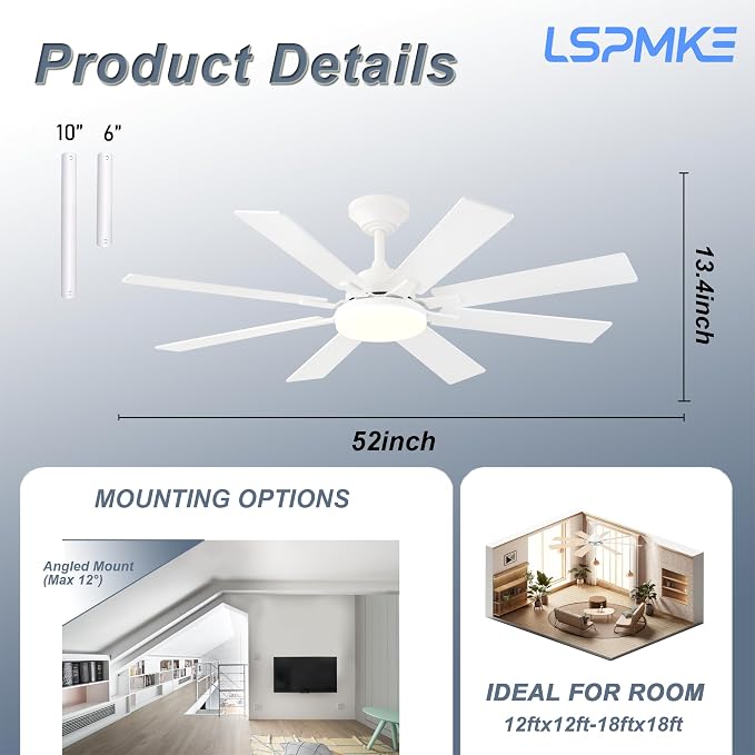 Ceiling Fans with Lights, 52 Inch Ceiling Fan with Light and Remote Control, Reversible DC Motor, 3CCT, Dimmable, Timer