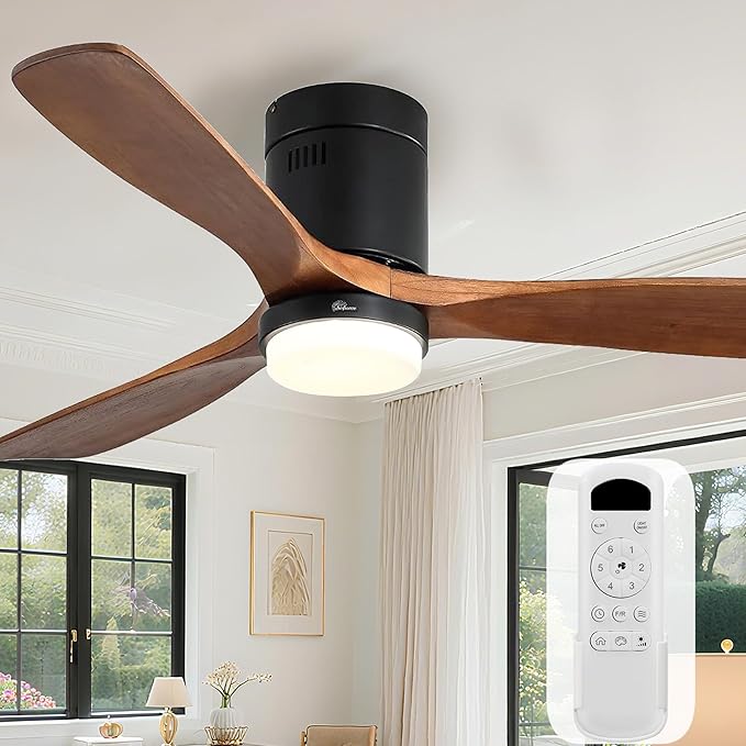 Ceiling Fans with Lights 52 Inch Flush Mount Ceiling Fan with Remote Control, Wood Blades Modern Outdoor Ceiling Fans for