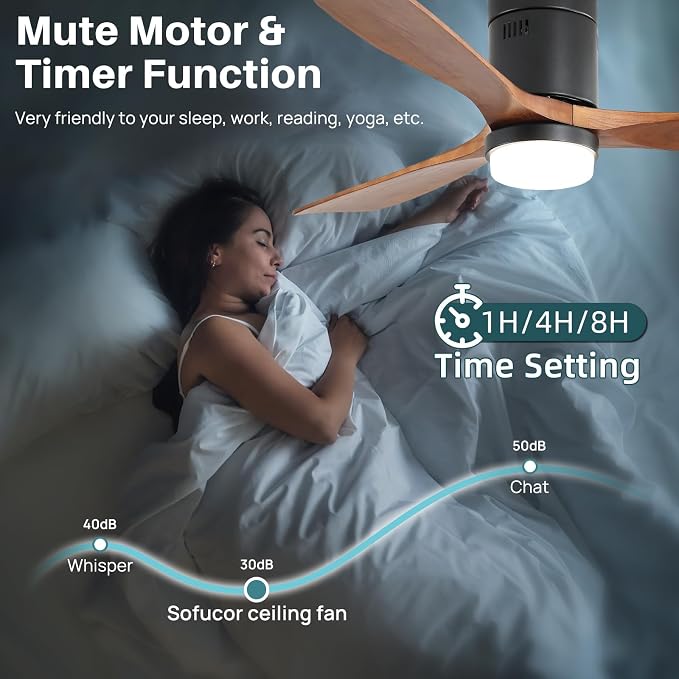 Ceiling Fans with Lights 52 Inch Flush Mount Ceiling Fan with Remote Control, Wood Blades Modern Outdoor Ceiling Fans for