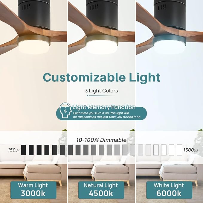 Ceiling Fans with Lights 52 Inch Flush Mount Ceiling Fan with Remote Control, Wood Blades Modern Outdoor Ceiling Fans for