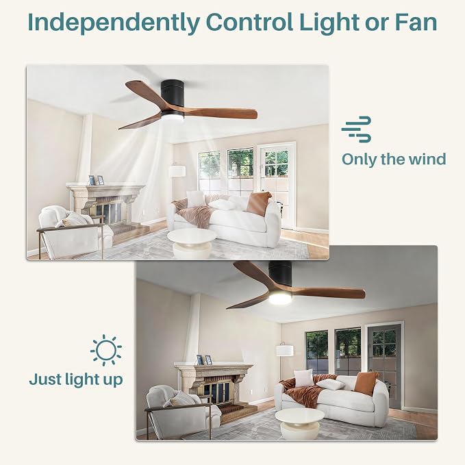 Ceiling Fans with Lights 52 Inch Flush Mount Ceiling Fan with Remote Control, Wood Blades Modern Outdoor Ceiling Fans for