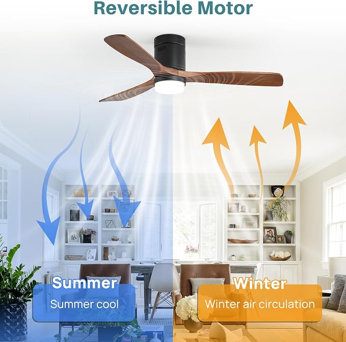 Ceiling Fans with Lights 52 Inch Flush Mount Ceiling Fan with Remote Control, Wood Blades Modern Outdoor Ceiling Fans for
