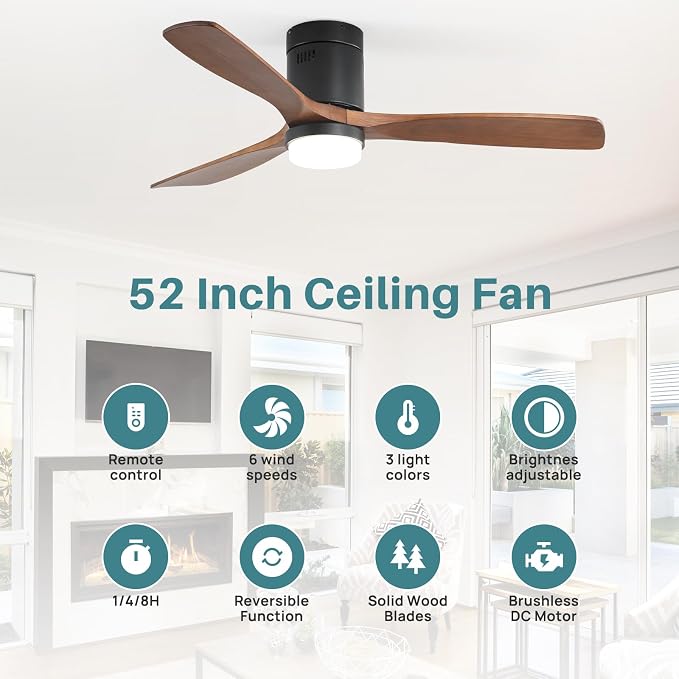 Ceiling Fans with Lights 52 Inch Flush Mount Ceiling Fan with Remote Control, Wood Blades Modern Outdoor Ceiling Fans for