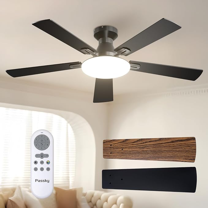 Ceiling Fans with Lights, 52 inch Flush Mount Ceiling fan with Remote Control, Low Profile Ceiling Fan for Bedroom