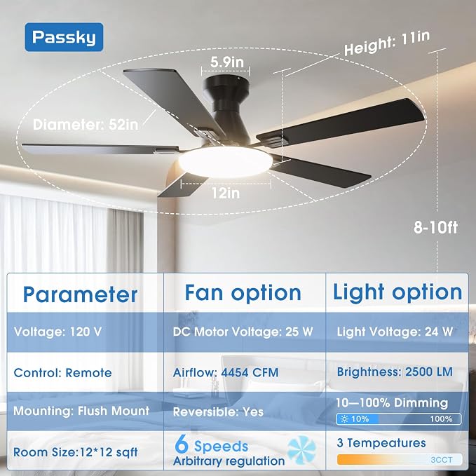 Ceiling Fans with Lights, 52 inch Flush Mount Ceiling fan with Remote Control, Low Profile Ceiling Fan for Bedroom
