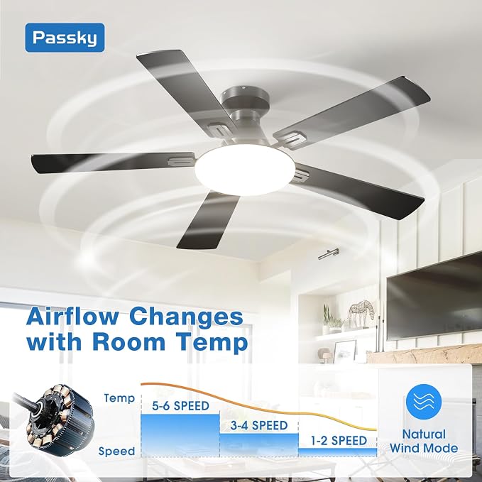 Ceiling Fans with Lights, 52 inch Flush Mount Ceiling fan with Remote Control, Low Profile Ceiling Fan for Bedroom