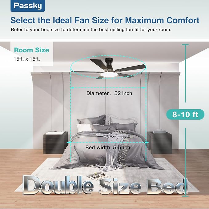 Ceiling Fans with Lights, 52 inch Flush Mount Ceiling fan with Remote Control, Low Profile Ceiling Fan for Bedroom