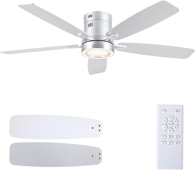 Ceiling Fans with Lights, 52 Inch Flush Mount Ceiling Fan with Remote, Low Profile Silver Ceiling Fan with Light for Bedroom