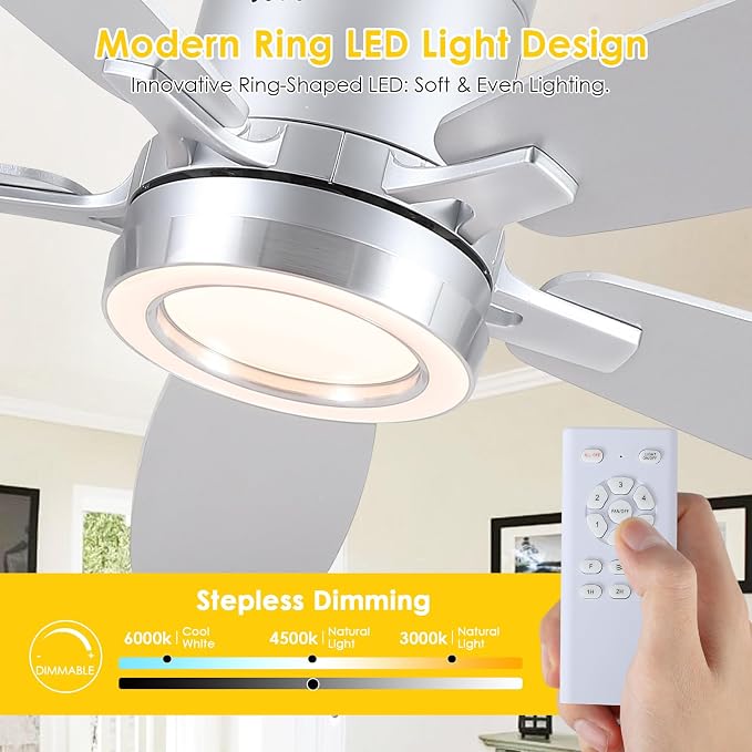 Ceiling Fans with Lights, 52 Inch Flush Mount Ceiling Fan with Remote, Low Profile Silver Ceiling Fan with Light for Bedroom