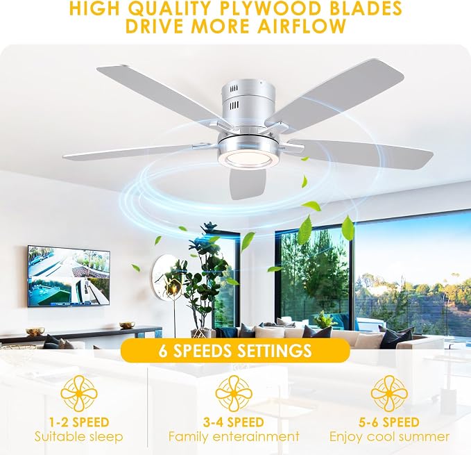 Ceiling Fans with Lights, 52 Inch Flush Mount Ceiling Fan with Remote, Low Profile Silver Ceiling Fan with Light for Bedroom