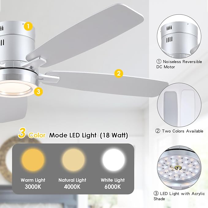 Ceiling Fans with Lights, 52 Inch Flush Mount Ceiling Fan with Remote, Low Profile Silver Ceiling Fan with Light for Bedroom