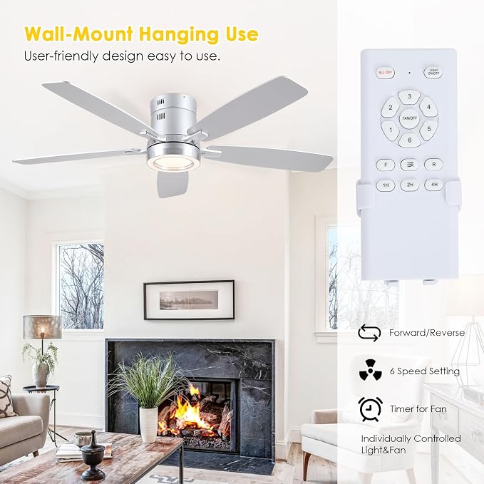 Ceiling Fans with Lights, 52 Inch Flush Mount Ceiling Fan with Remote, Low Profile Silver Ceiling Fan with Light for Bedroom