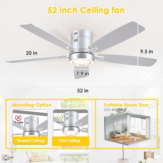 Ceiling Fans with Lights, 52 Inch Flush Mount Ceiling Fan with Remote, Low Profile Silver Ceiling Fan with Light for Bedroom