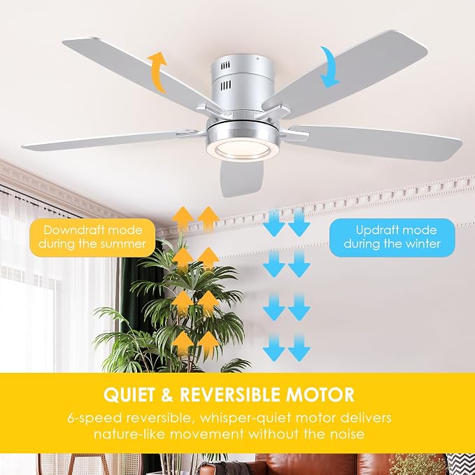 Ceiling Fans with Lights, 52 Inch Flush Mount Ceiling Fan with Remote, Low Profile Silver Ceiling Fan with Light for Bedroom