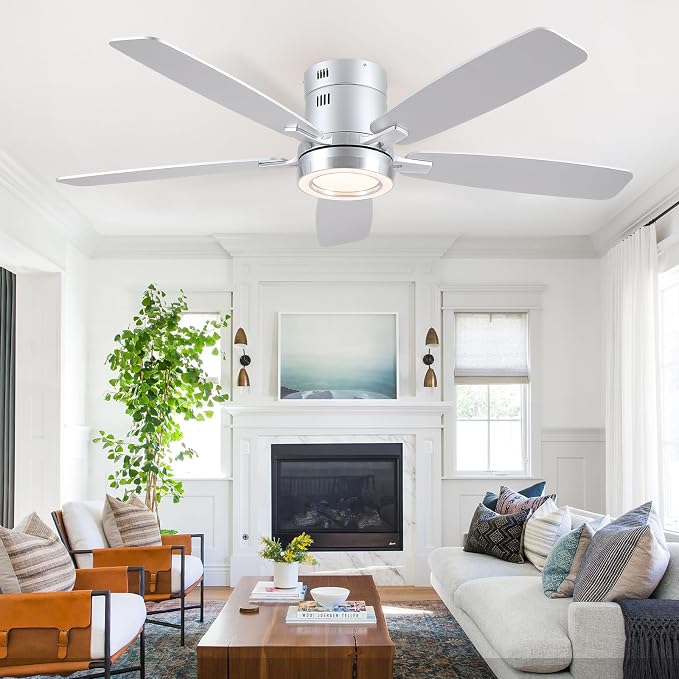 Ceiling Fans with Lights, 52 Inch Flush Mount Ceiling Fan with Remote, Low Profile Silver Ceiling Fan with Light for Bedroom