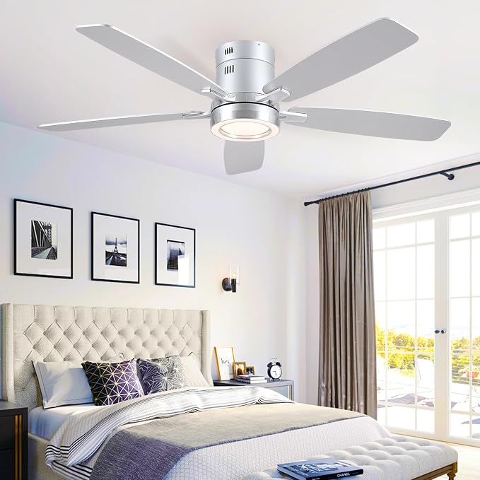 Ceiling Fans with Lights, 52 Inch Flush Mount Ceiling Fan with Remote, Low Profile Silver Ceiling Fan with Light for Bedroom