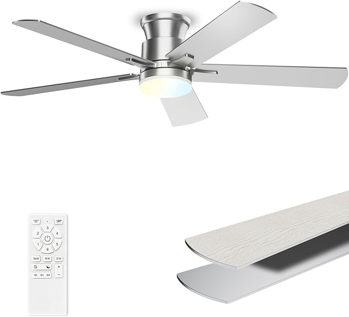 Ceiling Fans with Lights 52 Inch, Flush Mount, Remote Control, 3CCT Dimmable, 6 Speeds, Quiet Reversible DC Motor, Low