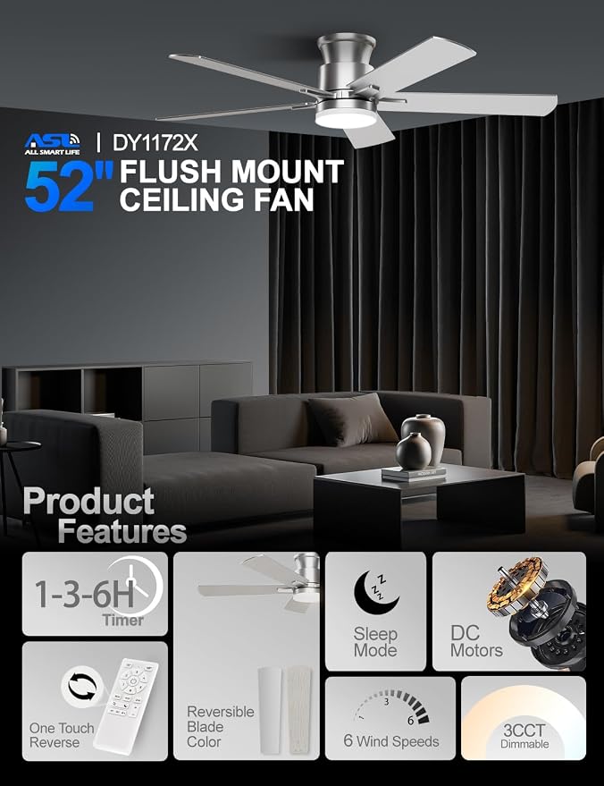 Ceiling Fans with Lights 52 Inch, Flush Mount, Remote Control, 3CCT Dimmable, 6 Speeds, Quiet Reversible DC Motor, Low