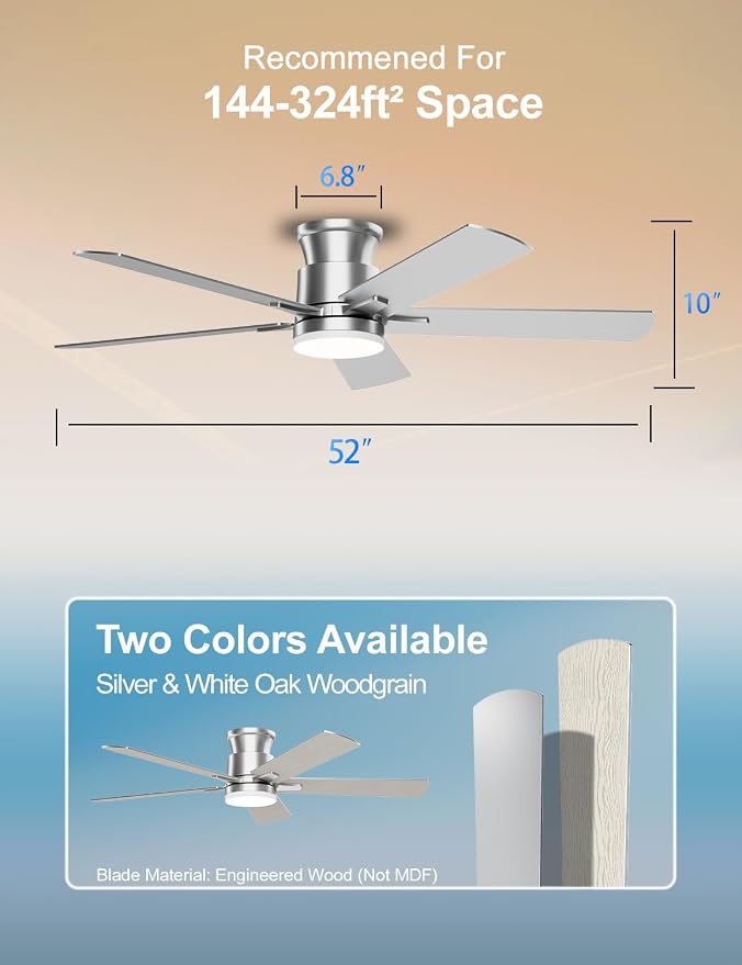 Ceiling Fans with Lights 52 Inch, Flush Mount, Remote Control, 3CCT Dimmable, 6 Speeds, Quiet Reversible DC Motor, Low