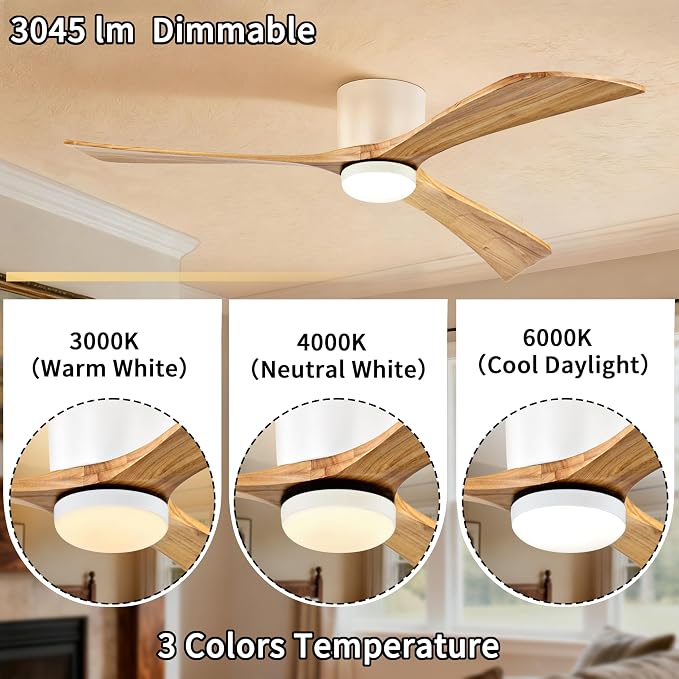 Ceiling Fans with Lights 52 Inch Flush Mount, Wood Blade, LED Dimmable DC Reversible Modern Ceiling Fan with Remote Control