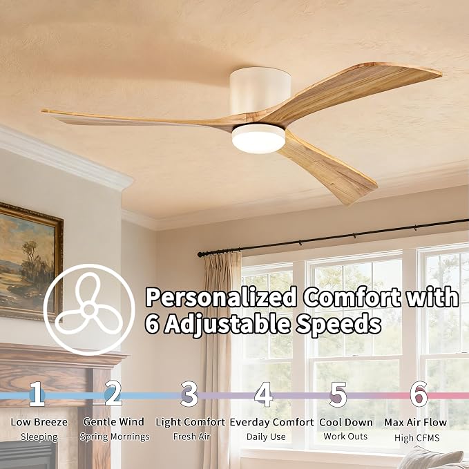 Ceiling Fans with Lights 52 Inch Flush Mount, Wood Blade, LED Dimmable DC Reversible Modern Ceiling Fan with Remote Control
