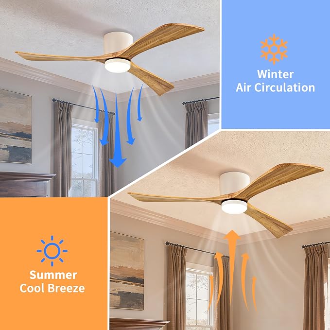 Ceiling Fans with Lights 52 Inch Flush Mount, Wood Blade, LED Dimmable DC Reversible Modern Ceiling Fan with Remote Control
