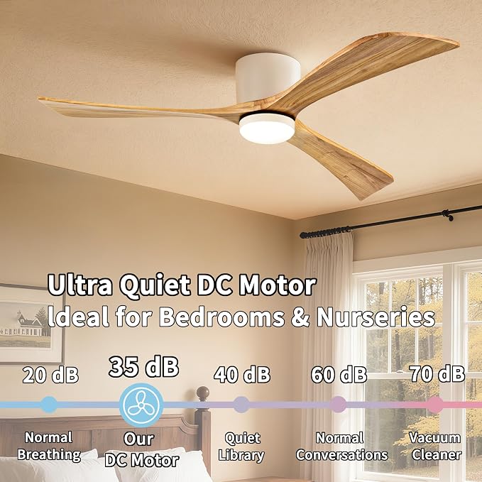 Ceiling Fans with Lights 52 Inch Flush Mount, Wood Blade, LED Dimmable DC Reversible Modern Ceiling Fan with Remote Control